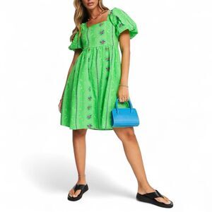 Y.A.S. Green Floral Puff Sleeve Mini Dress Size L Cottagecore NWT